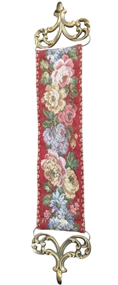 Vintage Red Floral Tapestry Bell Pull Ringer Corona Decor Brass Metal 18" - Image 1 of 4
