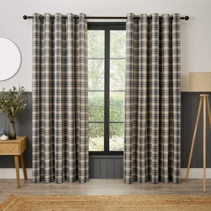 Curtains Pair Everett Jacquard Woven Check Lined Eyelet Curtina Grey - Picture 1 of 8