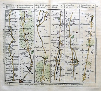 MAPA DE RUTA DE LONDRES A NEWMARKET POR CARINGTON BOWLES c1782 ANTIGUA GENUINA Foto 1 de 4