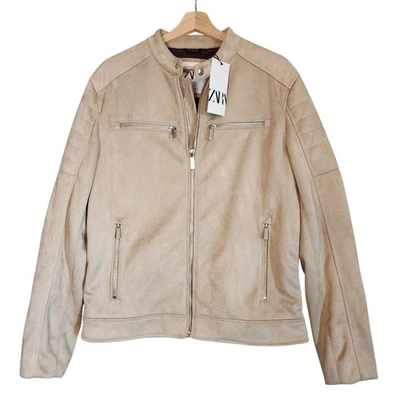 NWT Zara Men’s Faux Suede Moto Biker Jacket Tan Beige Size M MSRP $119 - Image 1 of 4