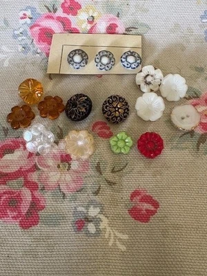 16 Small   Vintage FLOWER SHAPE   Glass Buttons  Mix Colours and  Designs - Image 1 of 3
