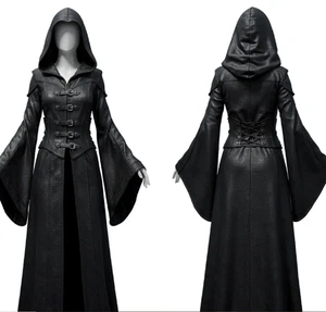 Black Leather Medieval Wizard Hooded Robe - Harry Potter Inspired Fantasy Cloak - Picture 1 of 6