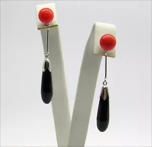 Pendientes de Oro Blanco 18KT Con Coral Rojo Y Pendante En Ónix Obht 041 - Imagen 1 de 3