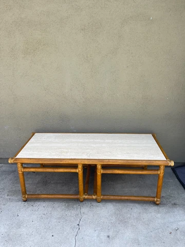 McGuire Mid Century Bamboo Rattan Coffee Stone-Top Table w/ Leather Bindings Cover