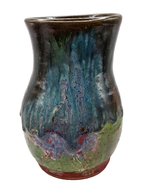 Jarrón abstracto verde azul naranja esmaltado por goteo estudio arte cerámica firmado SWS 6 1/4" Foto 1 de 4