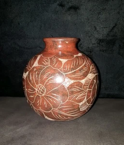 Red Clay Pottery Vase Sea Turtle and Flowers Signed - Picture 1 of 5