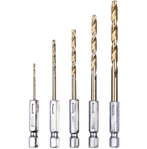 5pc HSS Steel Metal Wood Plastic Titanium Coated DRILL BITS Set 1/4'' Hex Shank - Picture 1 of 3
