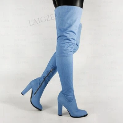 Women Thigh High Boots Denim Round Toe Block Heels Over Knee Boots Shoes Woman - Image 1 of 4