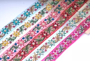 FCL 1 Meter Embroidery lace trim Multicolor Floral Indian Trim Sewon Ribbon - Picture 1 of 27