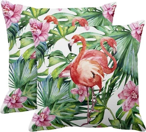 Pink Flamingos and Flowers with Black and White Stripe Outdoor Pillow Cover - Picture 1 of 6