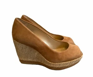RUSSELL & BROMLEY Stuart Weitzman WEDGE SUEDE PEEP TOE IN DARK BEIGE rrp £200 - Picture 1 of 6