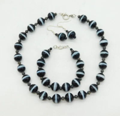 Collar, pulsera, pendientes suite joyería vidrio ágata con bandas de plata de ley Foto 1 de 4
