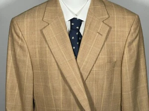 Vtg TOM James Blazer Jacket Mens 42 Tan Plaid Windowpane Herringbone Wool Chilè - Picture 1 of 20