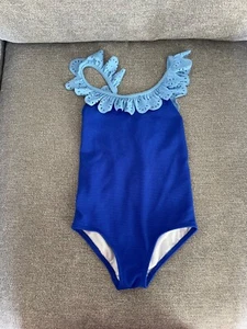 Mini Boden Girls Bathing Suit Size 4-5 Years One Piece Blue Ruffles w/Cut-Outs - Picture 1 of 4