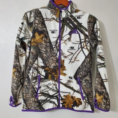 Jaqueta Mossy Oak Feminina Branca e Roxa Lã de Neve Camuflagem Zíper Completo Tamanho P - Imagem 1 de 4