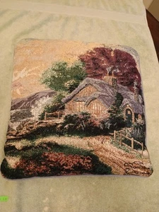 French Cottage House Tapestry Pillow Cushion Throw Accent 16"x16" Signed - Picture 1 of 9