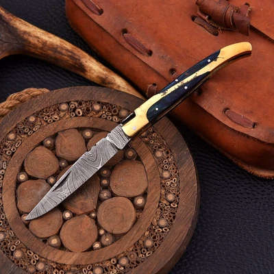 HANDMADE FORGED DAMASCUS STEEL FOLDING BLADE POCKET KNIFE BRASS & WOOD HANDLE - Image 1 of 4