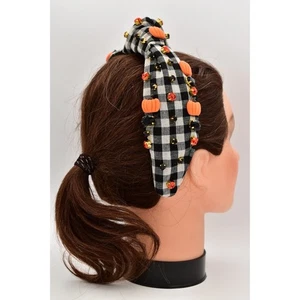 Pumpkin Halloween Headband Rhinestone Crystal Black White Plaid Fall Autumn - Picture 1 of 12