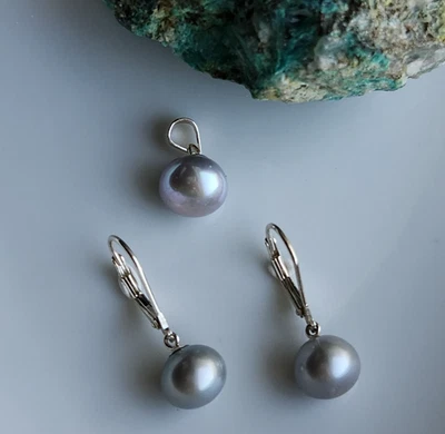 CONJUNTO Pendientes de Perlas de Plata Natural 9.5-9.8mm Colgante Plata 925 Cadena Libre Foto 1 de 4