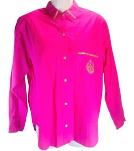 Gold Button & Crest Embroidered Button Up Blouse Size L Hot Pink Made In India  - Picture 1 of 15