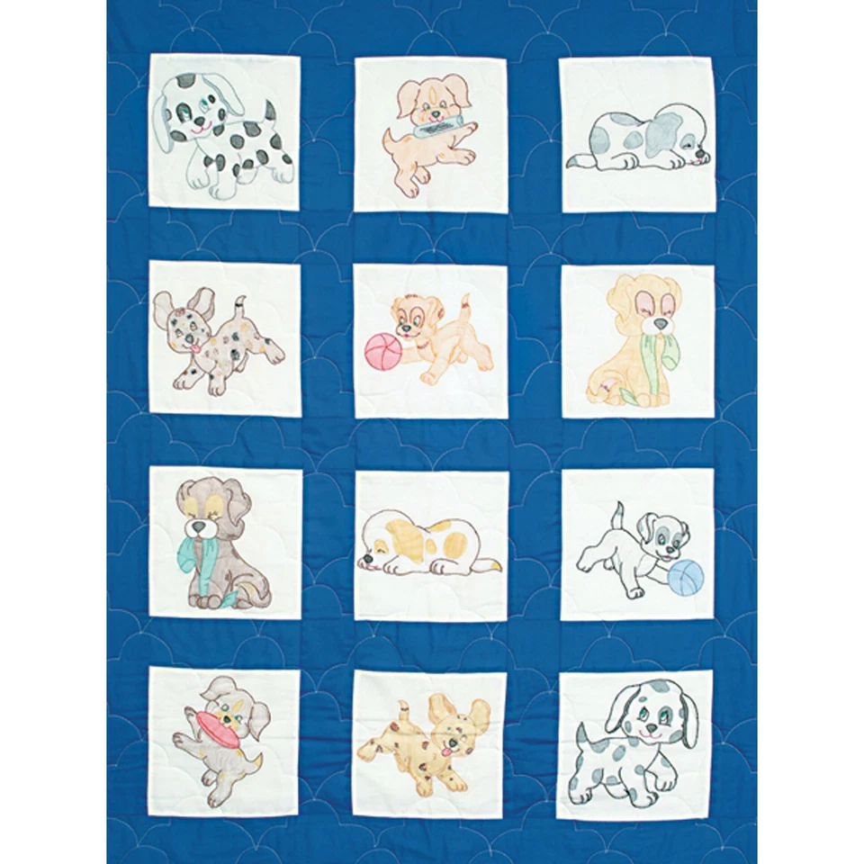 Jack Dempsey Stamped White Nursery Quilt Blocks 9"X9" 12/Pkg-Puppies - Image 1 of 1