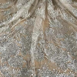 5 YARDS / Maxime Beige Beaded Glitter Embroidery Mesh Lace Dress Fabric - Picture 1 of 5