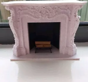 Miniatures Dollhouse Fireplace, Grate & Firewood White Marble Look 1/12th Scale - Picture 1 of 8