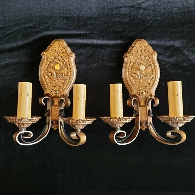 Pair of Antique 2-light Cast Iron Strap Nautical Sconces in Aged Bronze - Image 1 of 4