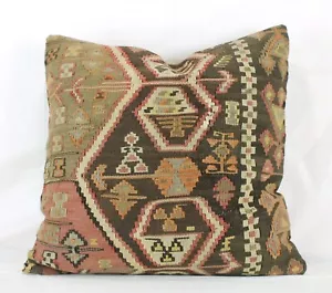 Decorative Turkish Brown Green Kilim Pillow Cover 20x20 Red Kilim Throw Cushion - Picture 1 of 10