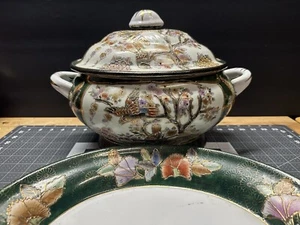 Vintage Asian Chinese Satsuma Hand Painted Tureen Soup Serving Plate Bowl Cover - Imagen 1 de 21