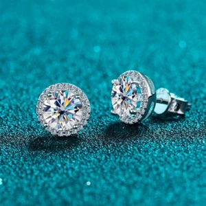5mm D Color VVS1 Moissanite Halo Stud Earrings Women S925 Silver Platinum Plated - Picture 1 of 14