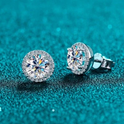 5mm D Color VVS1 Moissanite Halo Stud Earrings Women S925 Silver Platinum Plated - Image 1 of 4
