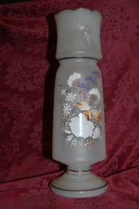 Hand Painted Flowers White Frosted Satin Glass Hurricane Vase w/Gold trim -Set 2 - Picture 1 of 10