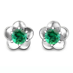 14KT White Gold Round Shape 2.00Ct Natural Zambian Green Emerald Women's Studs - Picture 1 of 1