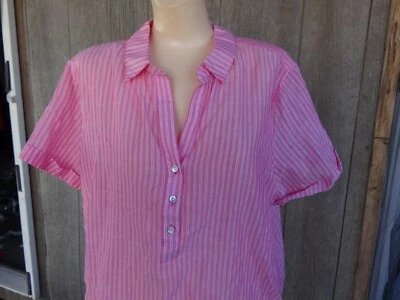 全新带标签 Tommy Bahama 苋菜粉色白色条纹薄棉 SS 露营衬衫 L  — 第 1/4 张图片