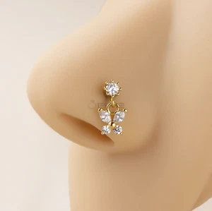 Butterfly Stud Gold Crystal Dangling Dangle Drop Nose Hoop Stud Ring Nose Ring - Picture 1 of 9