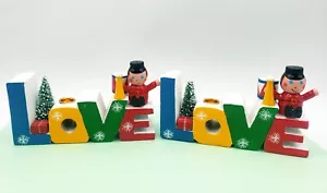 Giftco Wooden Candle Holders Words of Christmas LOVE Vintage Bottle Brush Trees - Picture 1 of 8