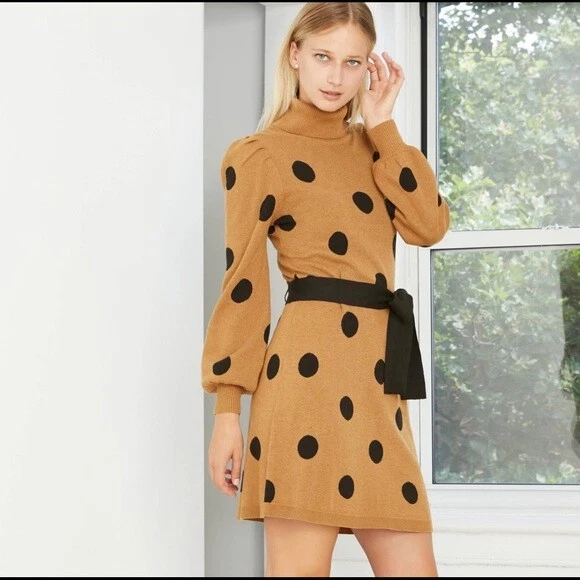 Who What Wear Brown Polka Dot Turtle Neck Long Sleeve Sweater Dress Size XXL