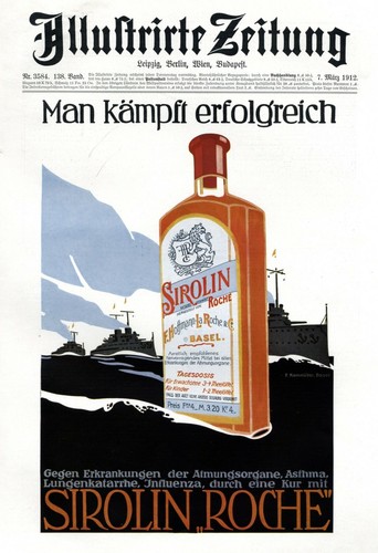 Sirolin Roche Hoffmann Basel XL Reklame 1912 P Kammüller Kriegsschiff ...