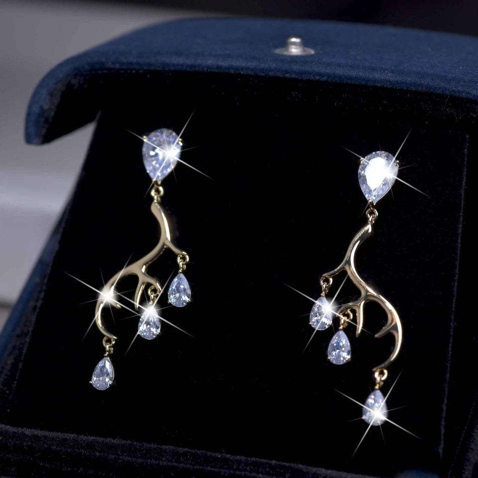 Gold horn antler stud simulated diamond cz earrings 925 silver dangle tear drop Foto 1 de 4