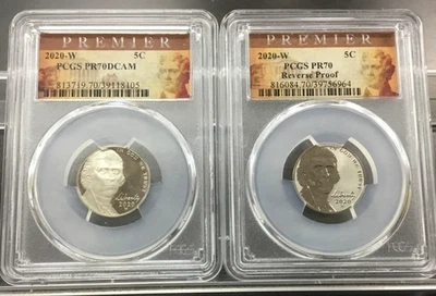 2020-W Pair of PCGS PREMIER Jefferson Nickels #1 PR70 DCAM & #2 PR70 REV. PROOF - Image 1 of 4