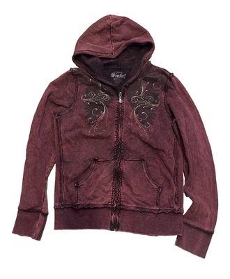 Vintage Y2K Sinful Hoodie Xl Women's Maroon Wings Feathers Gold Metallic - Image 1 of 4