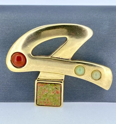 Broche Modernista Simon Sebbag Oro Vermeil Unakita Jade Foto 1 de 4