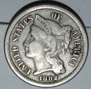 1882 Three Cent Piece Nickel Cleaned  {{{3777 - Picture 1 of 4