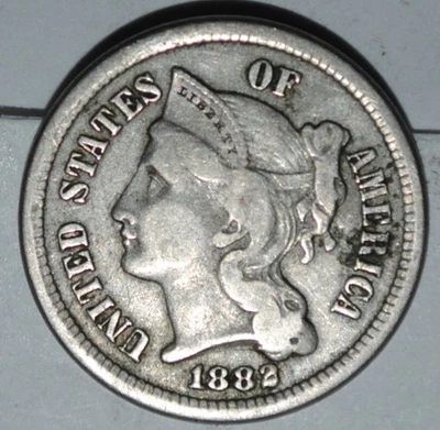 1882 Three Cent Piece Nickel Cleaned  {{{3777 - Image 1 of 4