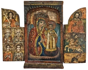 Antike Griechische / Bulgarische Ikone / Triptychon - 18. Jhdt. Jesus + Maria - Bild 1 von 15