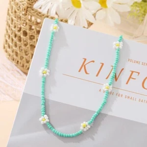 Women's Bohemian Flower Seed Bead Necklace Mint Green Beaded Choker Jewelry 20" - Picture 1 of 3