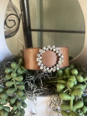 Handmade Vintage Leather Boho Bracelet With Antique Crystal Brooch - Image 1 of 2