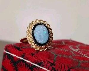Tiny Antique Gold Fire Opal Ring Set In Black Onyx Art Deco Nouveau ? Victorian - Picture 1 of 12