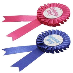 Happy Birthday Party Boys Badge/Girls Badge Rosette Blue Pink Ribbon - Picture 1 of 17